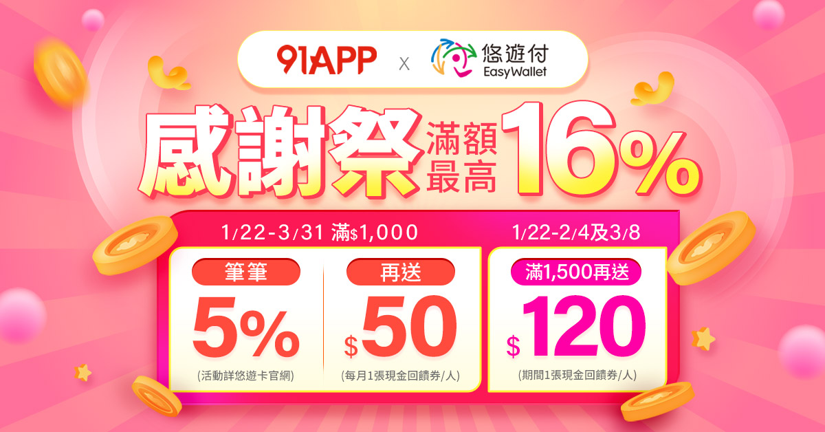 悠遊付3月寵愛女王 PChome、91APP最高回饋10~16%