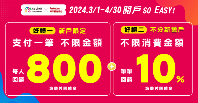 首家純網銀合作 悠遊付綁定樂天帳戶最高享850元回饋金
