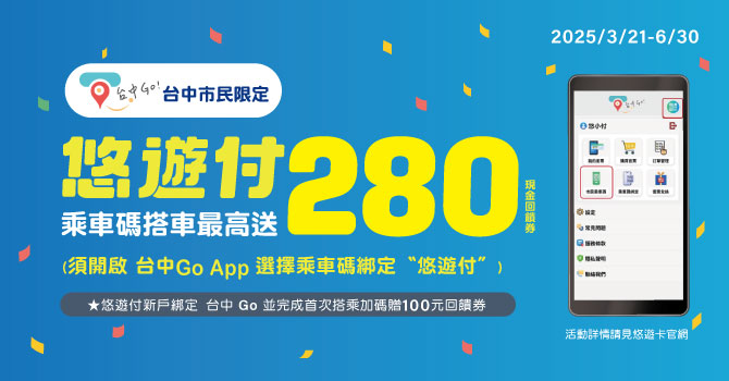 悠遊付歡慶「台中GO」APP上線  台中市民享限定乘車碼優惠最高$280