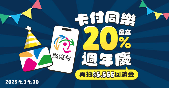 悠遊付5週年慶 天天領券享20%回饋、小額消費15週年慶 卡付同樂最高回饋20%
