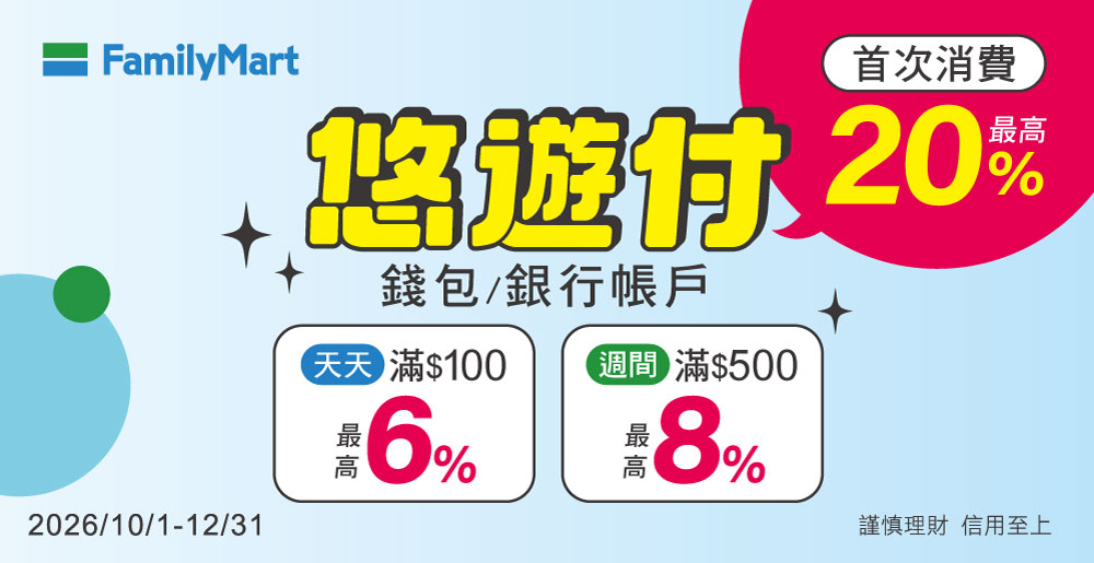 全家便利商店 悠遊付錢包帳戶滿額最高回饋16% 首次消費加贈20%回饋券