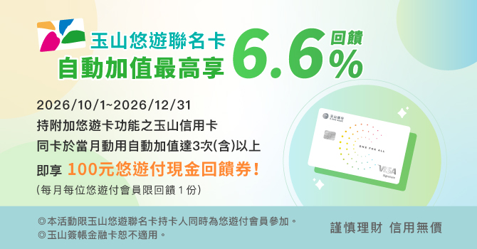 玉山悠遊聯名卡自動加值最高享6.6%回饋
